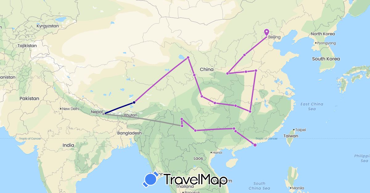 TravelMap itinerary: driving, plane, train in China, Nepal (Asia)